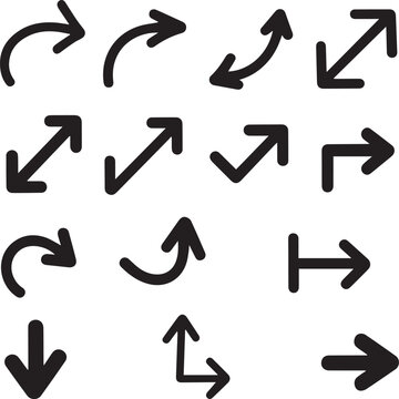 Collection of various black arrow icons pointing in different directions on white