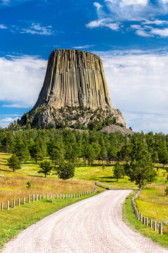 Vertical view of the Devils Tower National Monument in Wyoming. A gravel road leads through a green meadow towards the iconic butte, under a blue sky with clouds