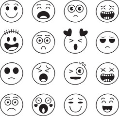 A collection of sixteen different hand drawn black and white emoji expressions faces