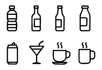 Fototapeta premium Selection displays various beverage icons, featuring a water bottle, soda can, beer bottles, cocktail glass, and steaming coffee mugs in a clean, minimalist style.