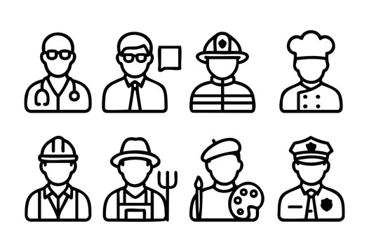 This graphic showcases diverse professionals including a doctor, teacher, firefighter, chef, construction worker, farmer, artist, and police officer. Each figure is depicted in a minimalistic style. - Powered by Adobe