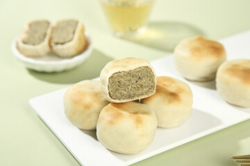 Traditional Mung Bean Cakes - Old Fashioned Asian Dessert with Green Bean Paste Filling