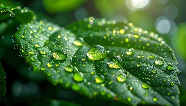 Green leaf close-up with water droplets sparkling in sunlight, showing texture and freshness