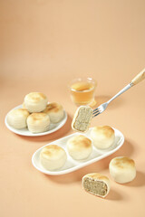 Traditional Mung Bean Cake Dessert with Tea - Asian Sweet Treats Old Fashioned Style