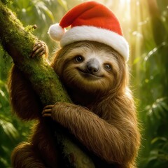 Naklejka premium A cute sloth in a Santa hat clings to a mossy tree branch as sunlight streams through the vibrant jungle foliage surrounding it 