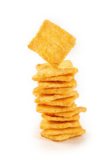 Crispy Golden Corn Chips Stack Isolated on White Background - Snack Food Photography