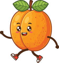 Cad drawing flat vector illustration, cartoon apricot fruit character with face, arms, legs, sneakers, healthy eating mascot design