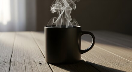 A dark mug with hot steam rising, sitting on a wooden table in the morning light.