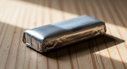 Silver Foil Snack Bar on Wooden Surface