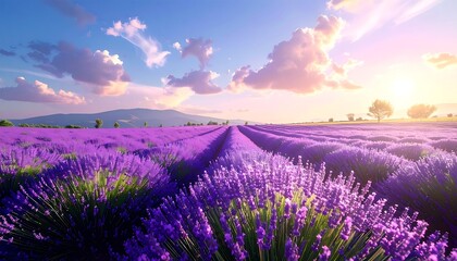 Naklejka premium Lavender field stretches to horizon under sunlit sky. Purple blooms meet white clouds on this summer day
