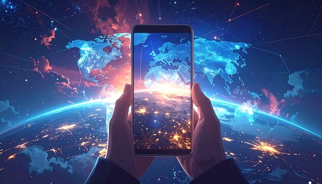 Hands hold phone displaying glowing Earth, map and digital network