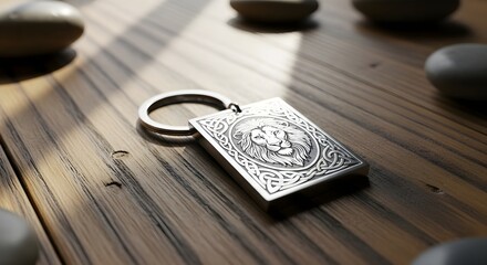 Silver keychain with intricate engraving on a wooden table, natural light enhancing the metallic details