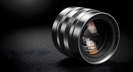 A professional metallic camera lens with reflective glass elements on a dark textured surface.