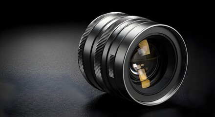 A sleek, modern camera lens with visible aperture blades on a dark textured surface.