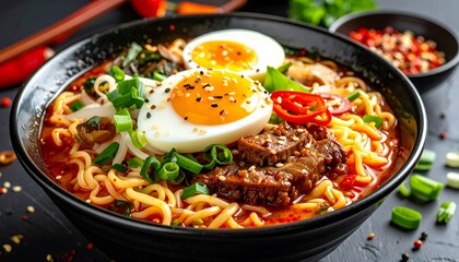 Delicious Ramen Bowl with Egg and Meat Toppings.