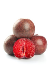 Fresh Red Plums Cut in Half Showing Juicy Red Flesh Isolated on White Background