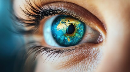 Human eye with world map in pupil for World Sight Day awareness. Vision concept banner