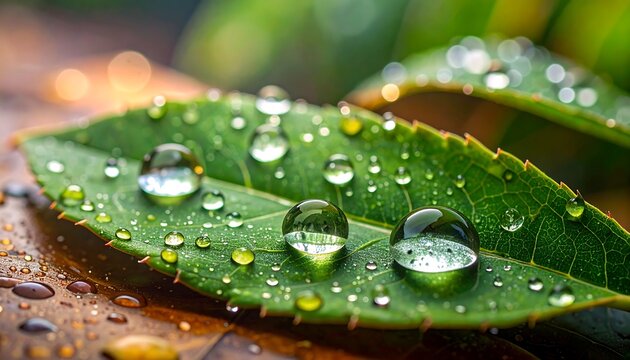 Green leaf with water droplets resting on its surface, showing reflections and a blurred wooden surface backdrop - Powered by Adobe