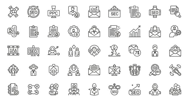 Digital Marketing, SEO, and Business Strategy Line Icons Collection