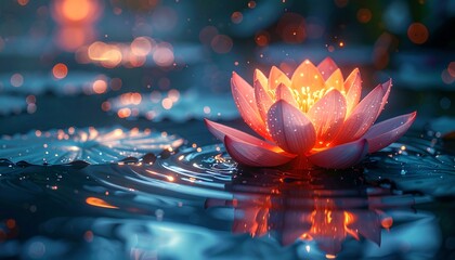 Glowing lotus flower in water with bokeh lights, creating a peaceful and ethereal atmosphere at dusk