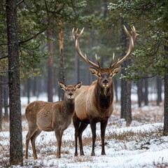Obraz premium Deer stand proudly in winter forest