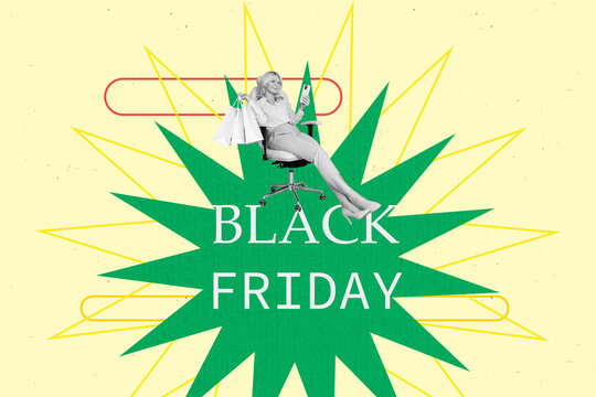 3d sketch poster trend collage image of happy old woman hold phone black friday promo consumerism sale addiction bargain mall customer