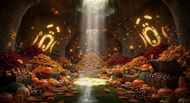A cavern filled with pumpkins, leaves, and light streaming from the top, halloween themed scene