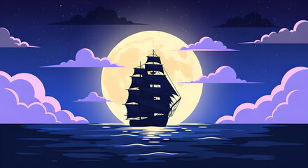 Pirate Ship Full Moon Ocean Night Flat Design Artwork