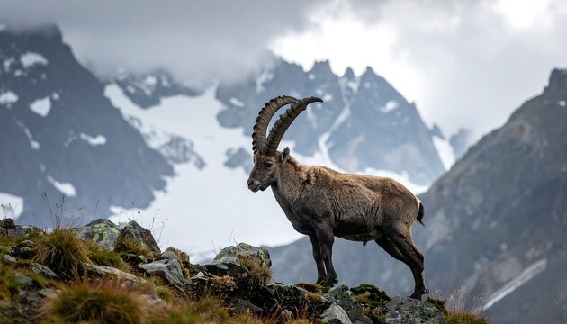 Majestic ibex stands tall on a rocky slope with snowy mountain peaks rising in the background under a cloudy sky
