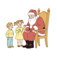 Santa Claus listening to children's wishes for holiday promotional materials and family entertainment