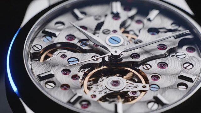 Intricate mechanical watch with visible gears and jewels, showcasing craftsmanship and precision, camera zooms in to highlight details and movement