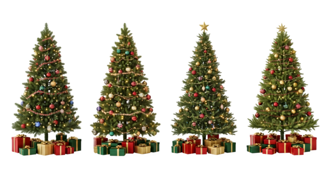 Four decorated christmas trees with presents isolated on transparent background