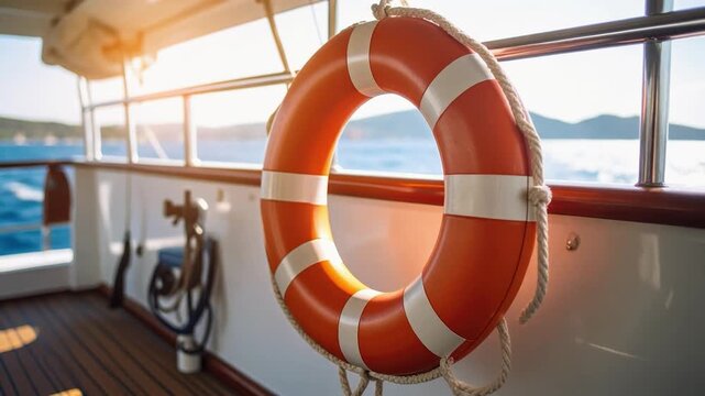 Brightly Colored Lifebuoy on Boat with Scenic Water Background