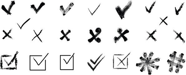 Assortment of Hand Drawn Black Check Mark and Cross Mark Icons on White Background x mark