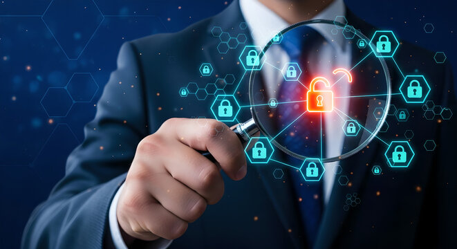 Security Breach Vulnerability Magnifying Glass Male Hand Dark Background Copy Space - Powered by Adobe