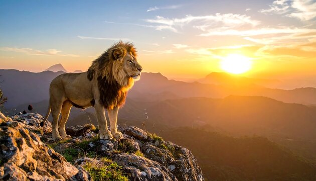 Majestic lion atop rocky peak, bathed in warm sunset light with hilly landscape fading into the horizon