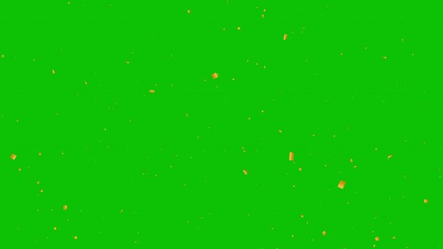 Realistic Golden confetti falling animation in chroma key green screen background 4K , Gold color party streamers and paper flakes blast for birthday, wedding, New Year, and festive celebration videos