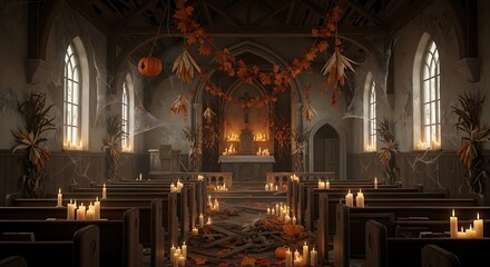 Obraz premium Interior view of a church decorated for halloween with candles pumpkins and autumn foliage garlands hanging