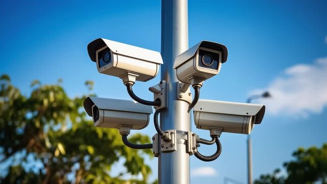 Surveillance Cameras Mounted on Pole Against Blue Sky and Trees