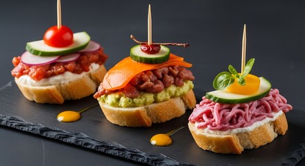 Three gourmet bruschetta appetizers with raw meat and fresh vegetable toppings on a dark slate platter