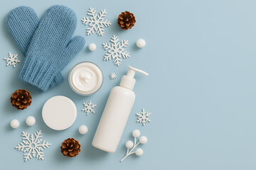 Winter skincare composition with blue knitted mittens, pine cones, snowflakes, and moisturizing cream on pastel blue background