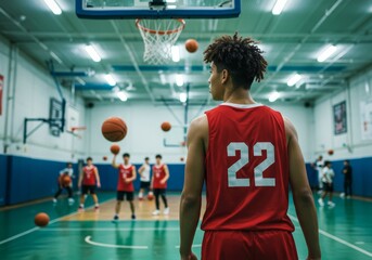 Basketball player focuses during practice in gymnasium