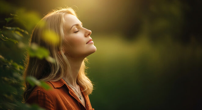 Blond woman with closed eye, looking upwards. Light illuminates a calm face, representing peace, meditation, and contemplation in nature.