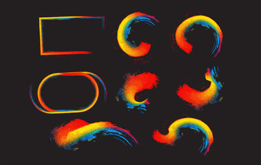 Abstract set of paint brush stroke spiral shapes and frames ,featuring red, yellow, and blue tones. perfect for posters, digital art, creative backgrounds, and modern design project