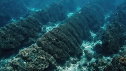 Underwater coral reef formation with diverse marine life ecosystem.