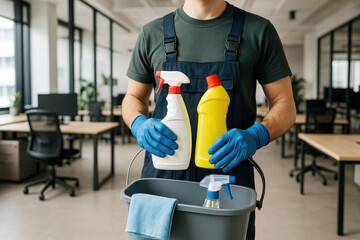 Cleaner in blue overalls and gloves holding cleaning supplies in a bucket in an office setting sanitation