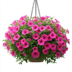 Vibrant pink petunias cascading from a hanging basket isolated on white background