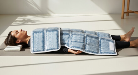 emale in a state of deep calm during a wellness therapy session, using an ice blanket for recovery and invigoration