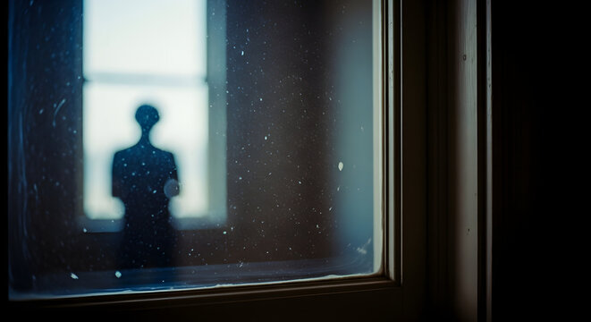 Eerie silhouette behind a dusty window evokes mystery and suspense, ideal for psychological thrillers or melancholic themes, adding depth and intrigue to your project, haunting mood
