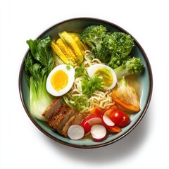 Delicious ramen bowl with pork and vegetables isolated on white background